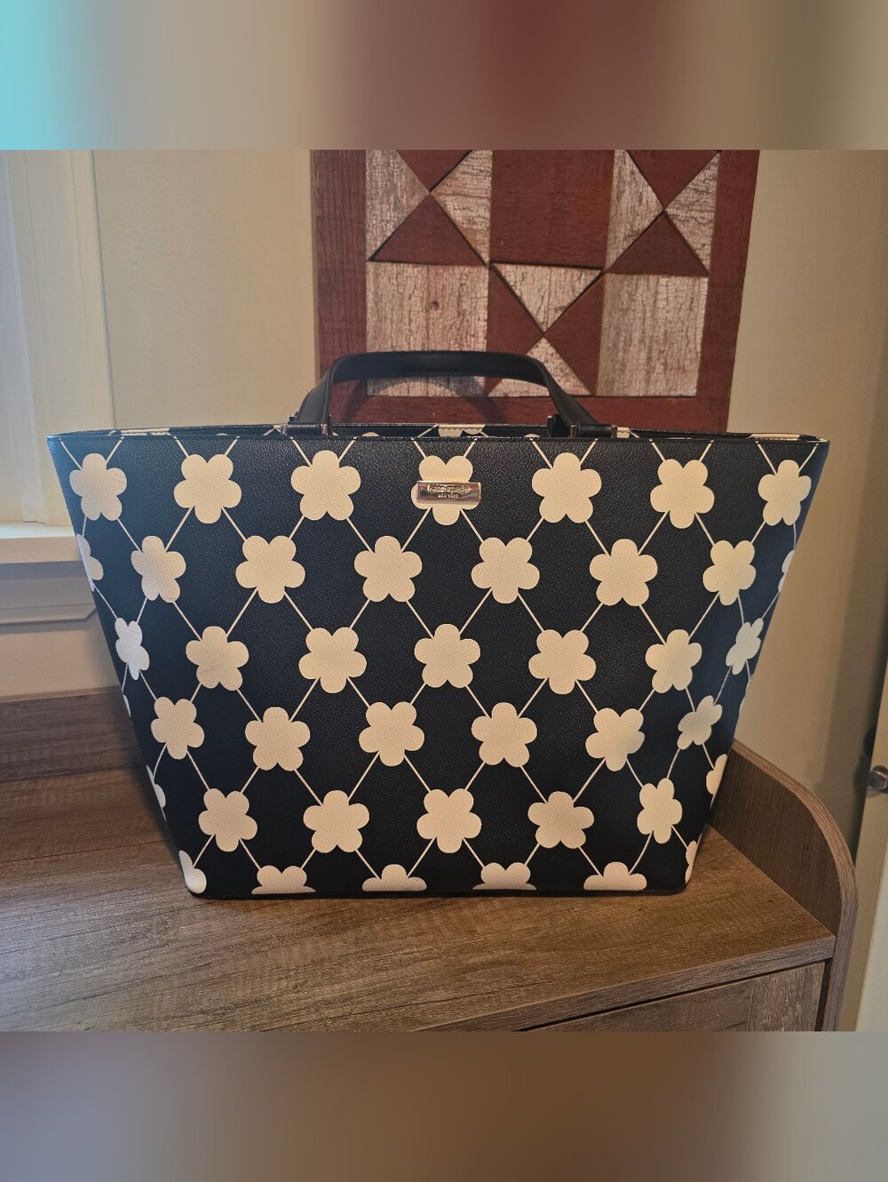 Floral Pattern Black and Cream Tote Bag